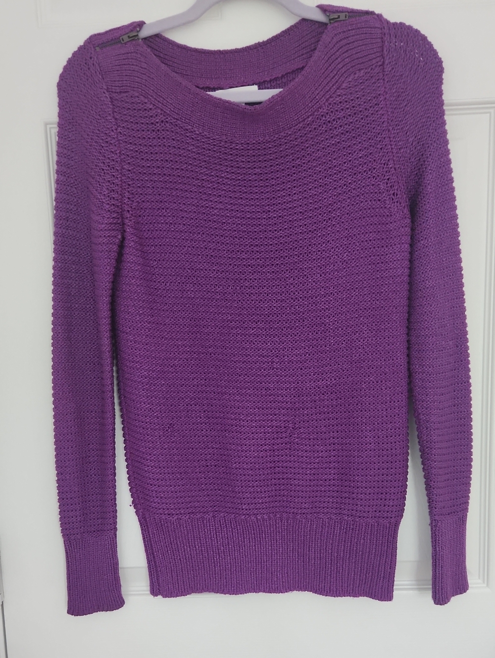 Fall Casual Chic Calvin Klein Violet Scoop Neck Knit Sweater Shoulder Zippers
